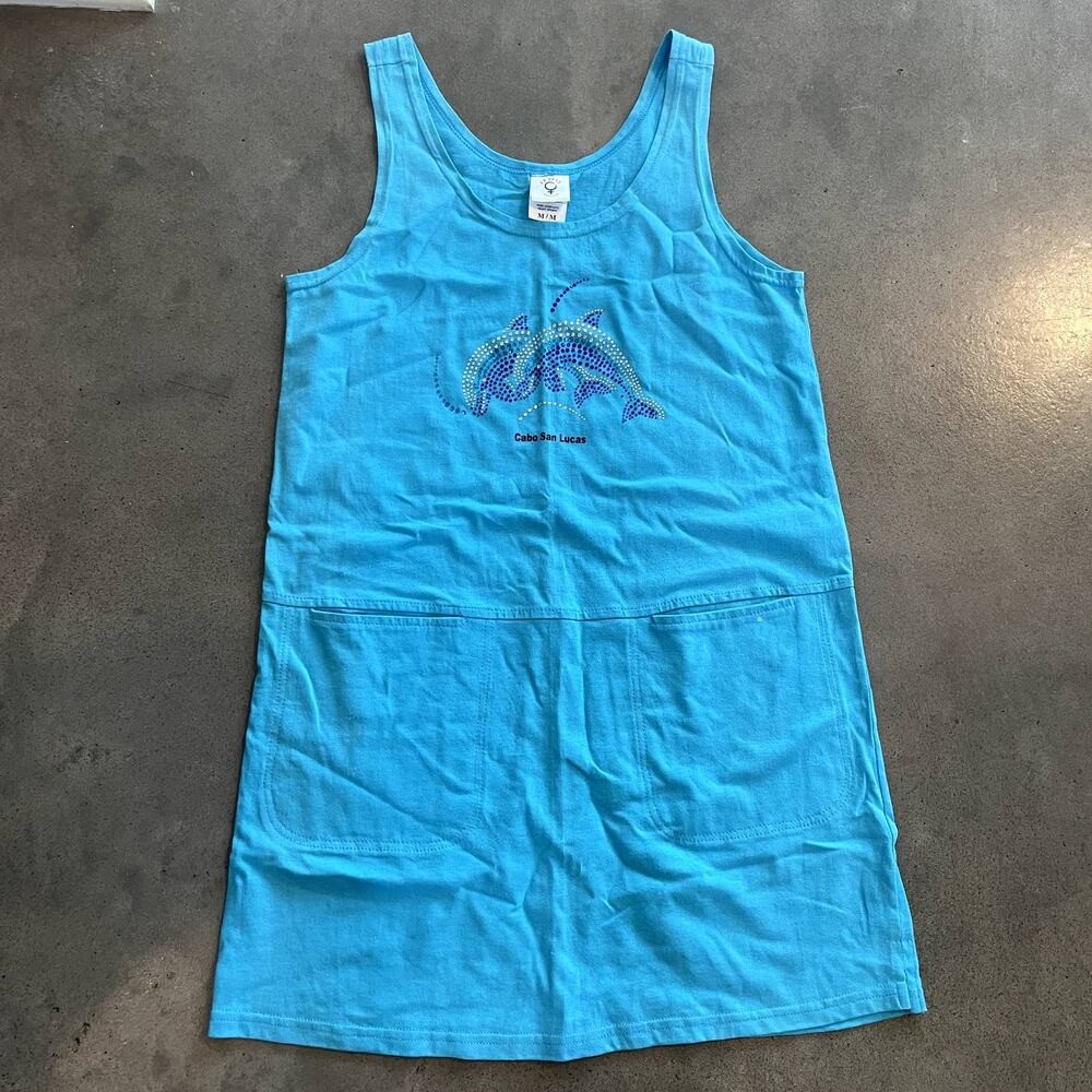 Cabo San Lucas Mexico Dolphin Blue Swim coverup dress cotton Womens Medium